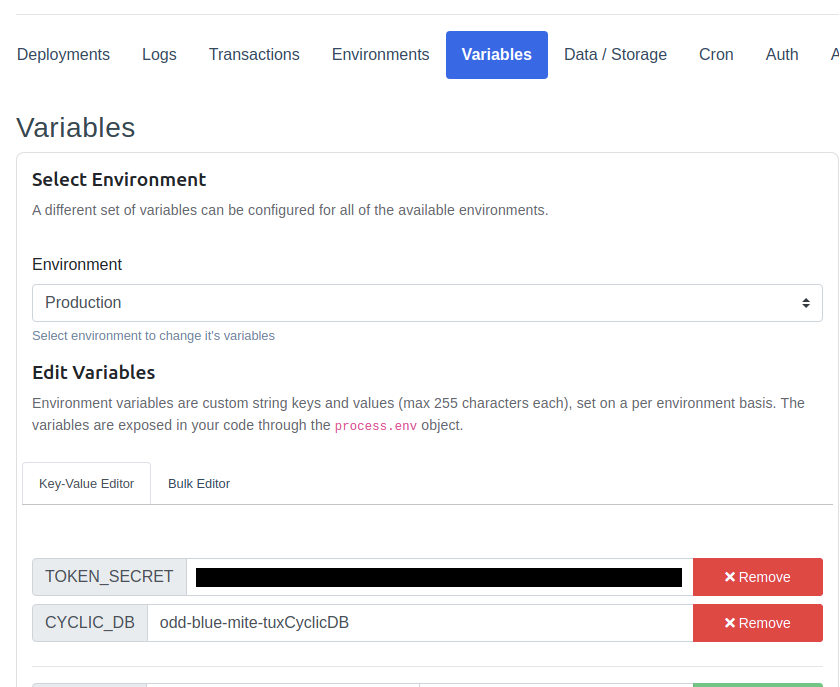 Variables tab in Cyclic dashboard showing two environment variables: token secret and cyclic DB.